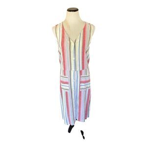 Old Navy Colorful Striped Button Down V Neck Pocket Sleeveless Dress Linen Sz L